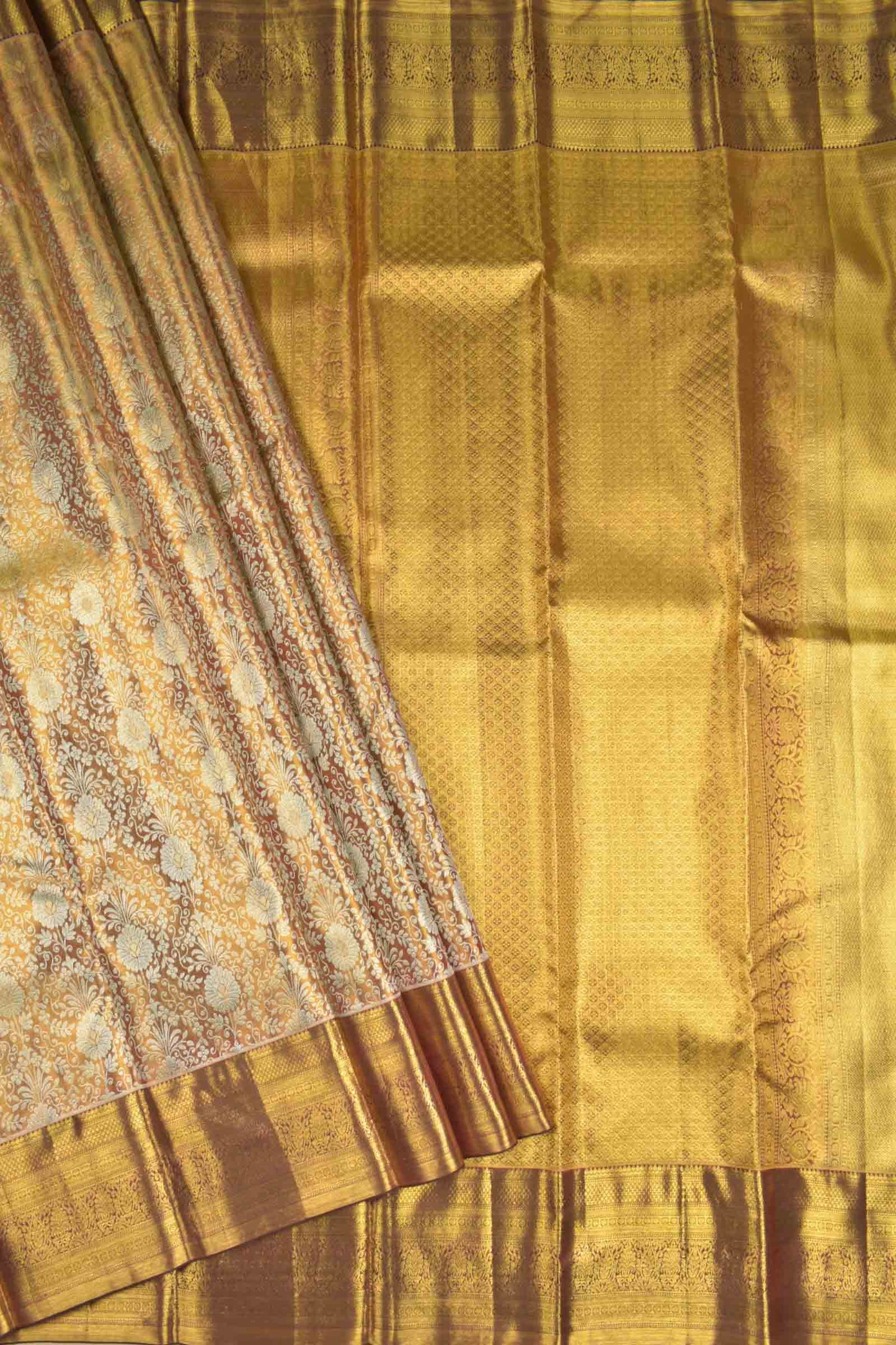 Golden Kanchipuram Bridal Pure Silk Rich Florals Maroon Zari Border Pallu Saree NAA163