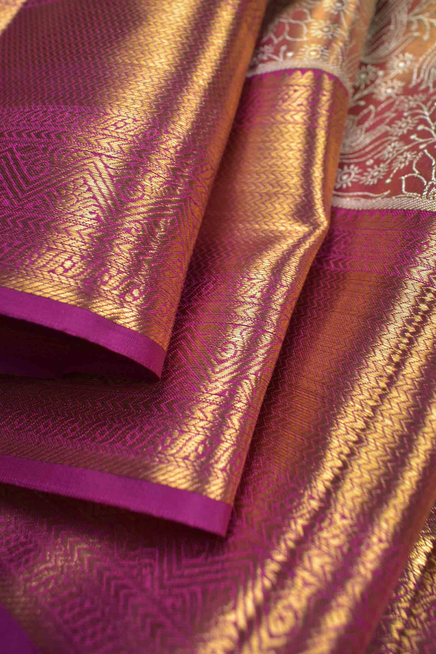 Golden Peach Kanchipuram Bridal Pure Silk Gold Flowers Body Zari Border Pallu Saree NAA215