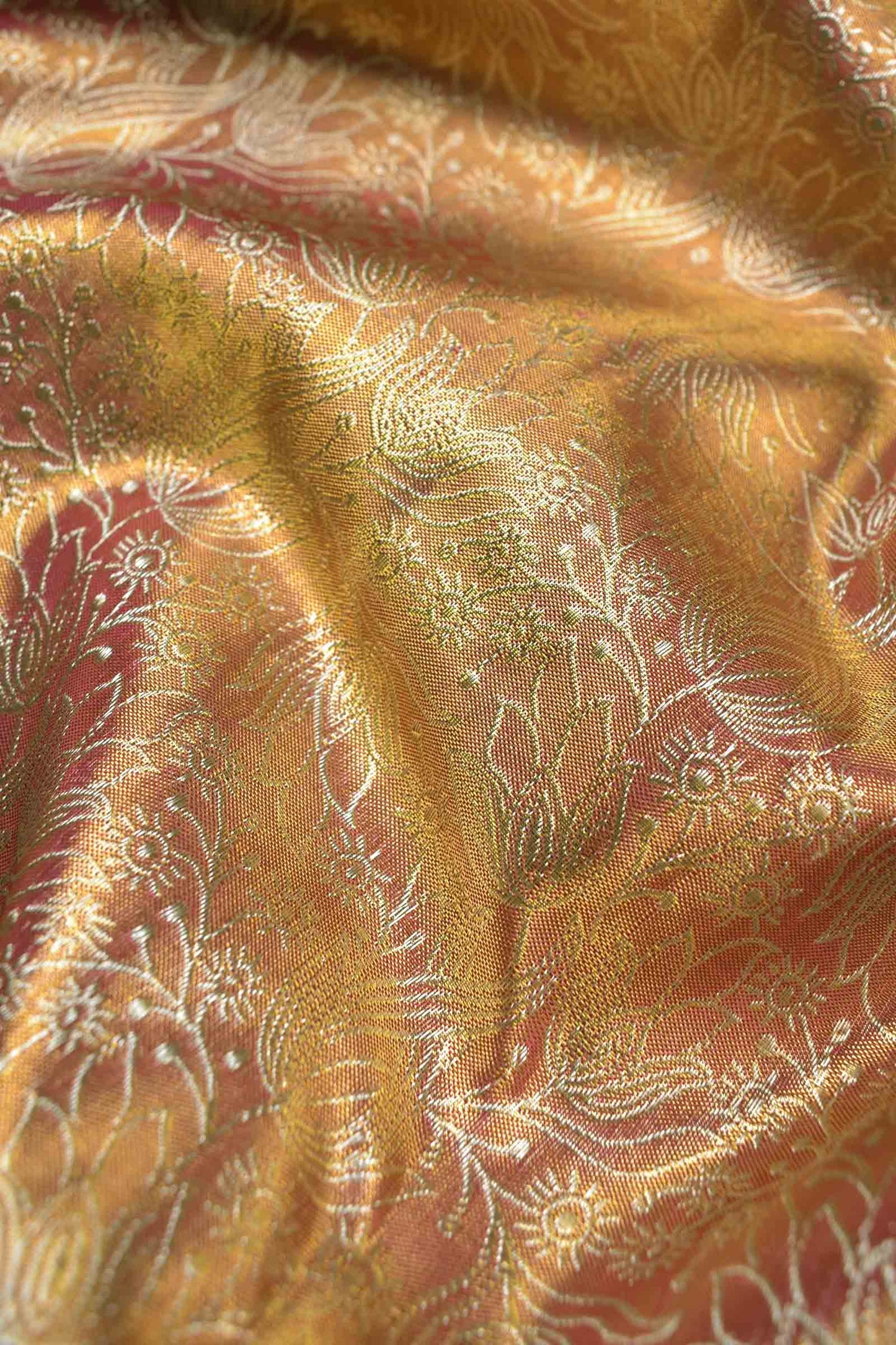 Golden Peach Kanchipuram Bridal Pure Silk Gold Flowers Body Zari Border Pallu Saree NAA215