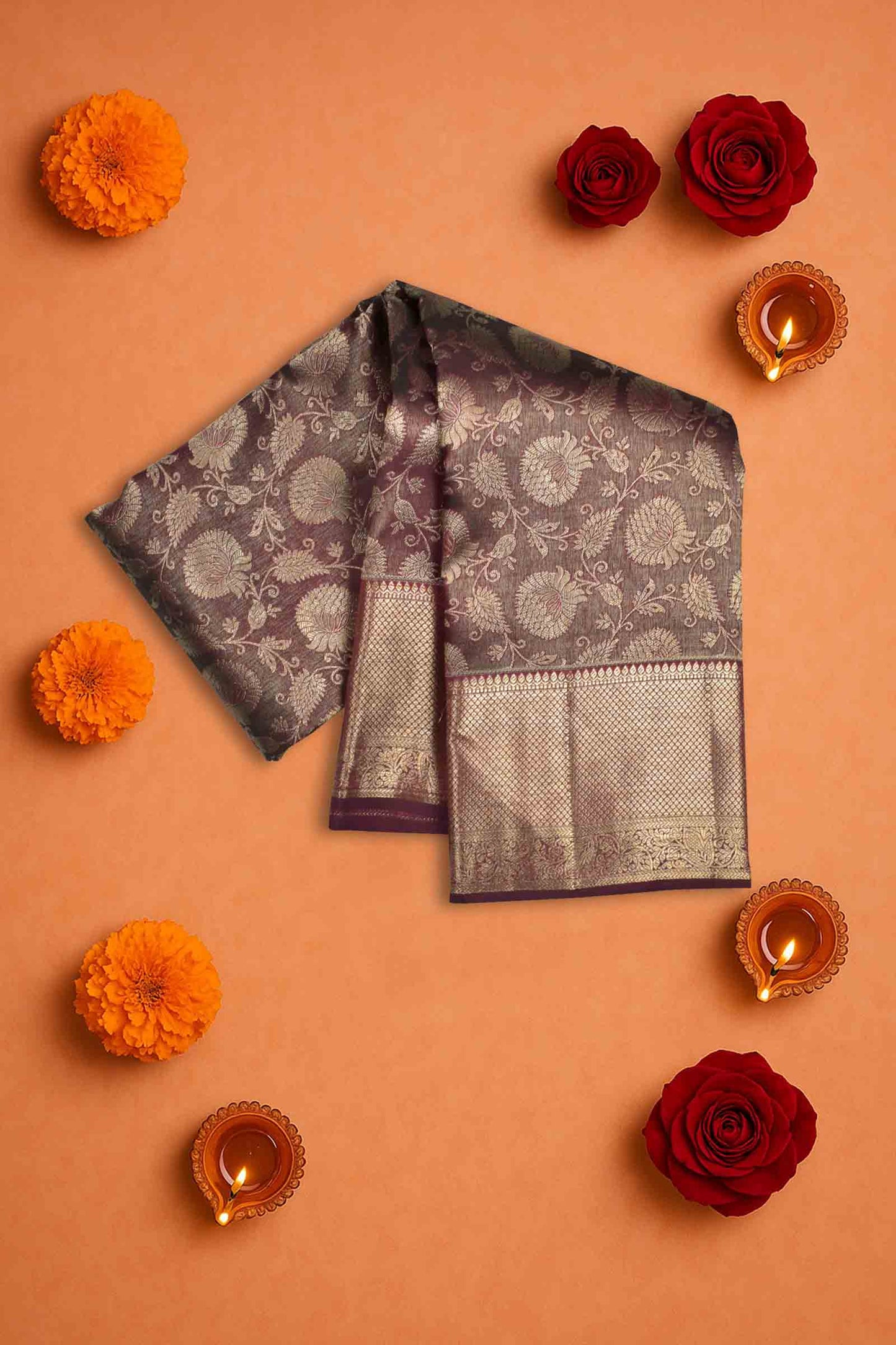 Golden Brown Kanchipuram Bridal Pure Silk Golden Florals Zari Border Saree NAA164