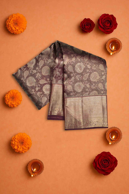 Golden Brown Kanchipuram Bridal Pure Silk Golden Florals Zari Border Saree NAA164