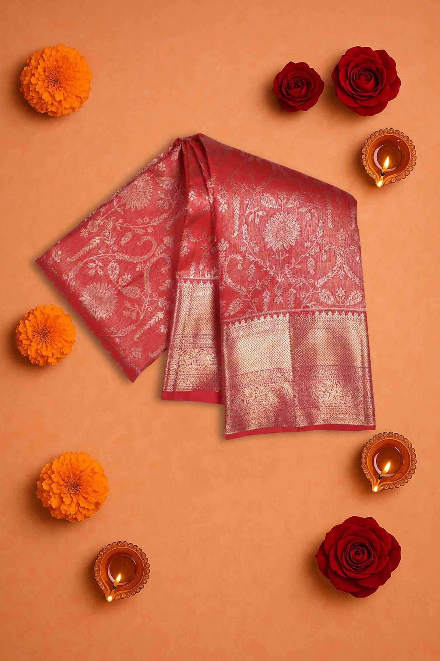 Red Kanchipuram Bridal Pure Silk Golden Florals Zari Border Saree NAA165