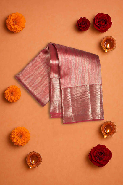 Golden Dark Pink Kanchipuram Bridal Pure Silk Fancy Vertical Waves  Zari Border Pallu Saree NAA166