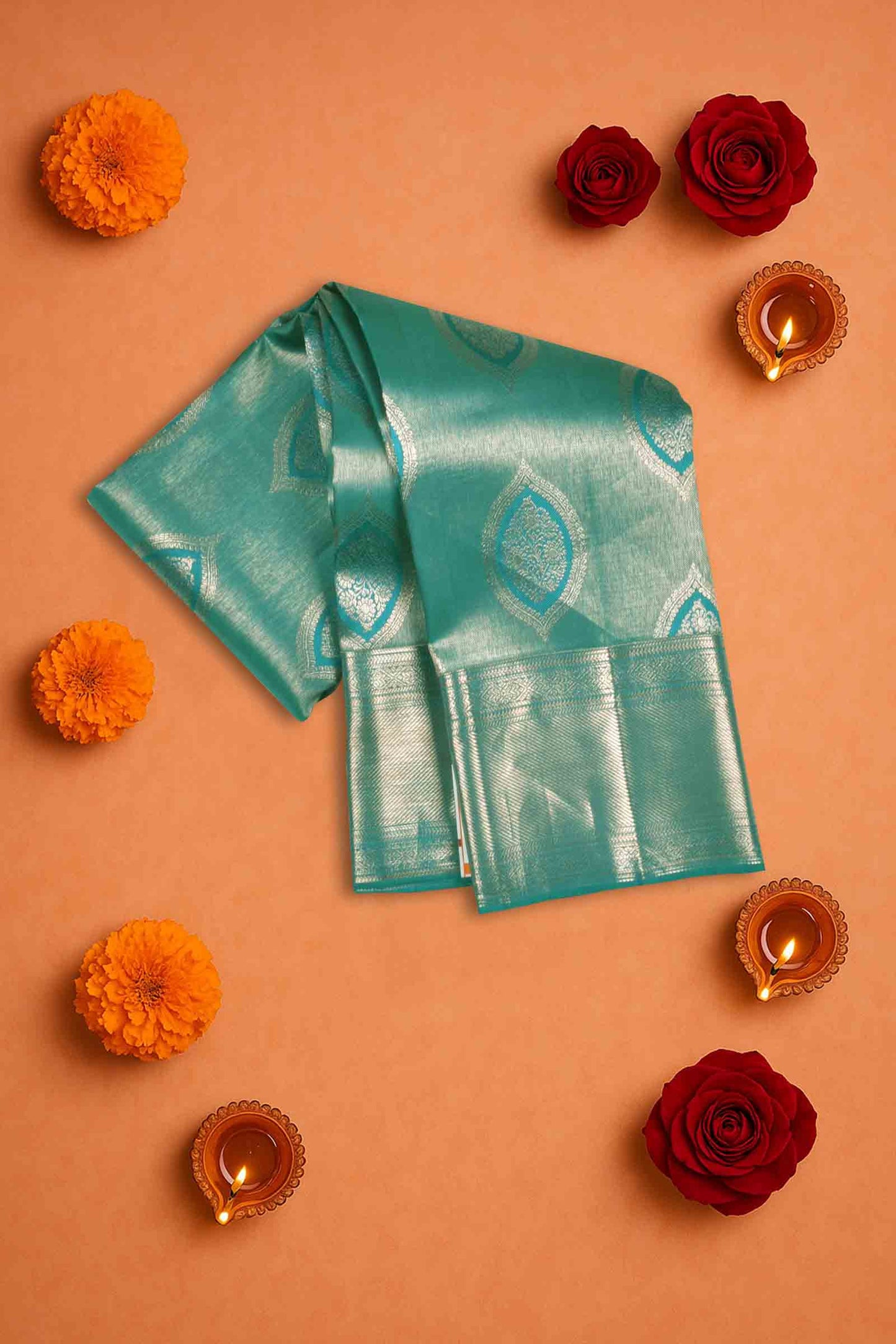 Golden Green Kanchipuram Bridal Pure Silk  Floral Eyes Zari Border Saree NAA158