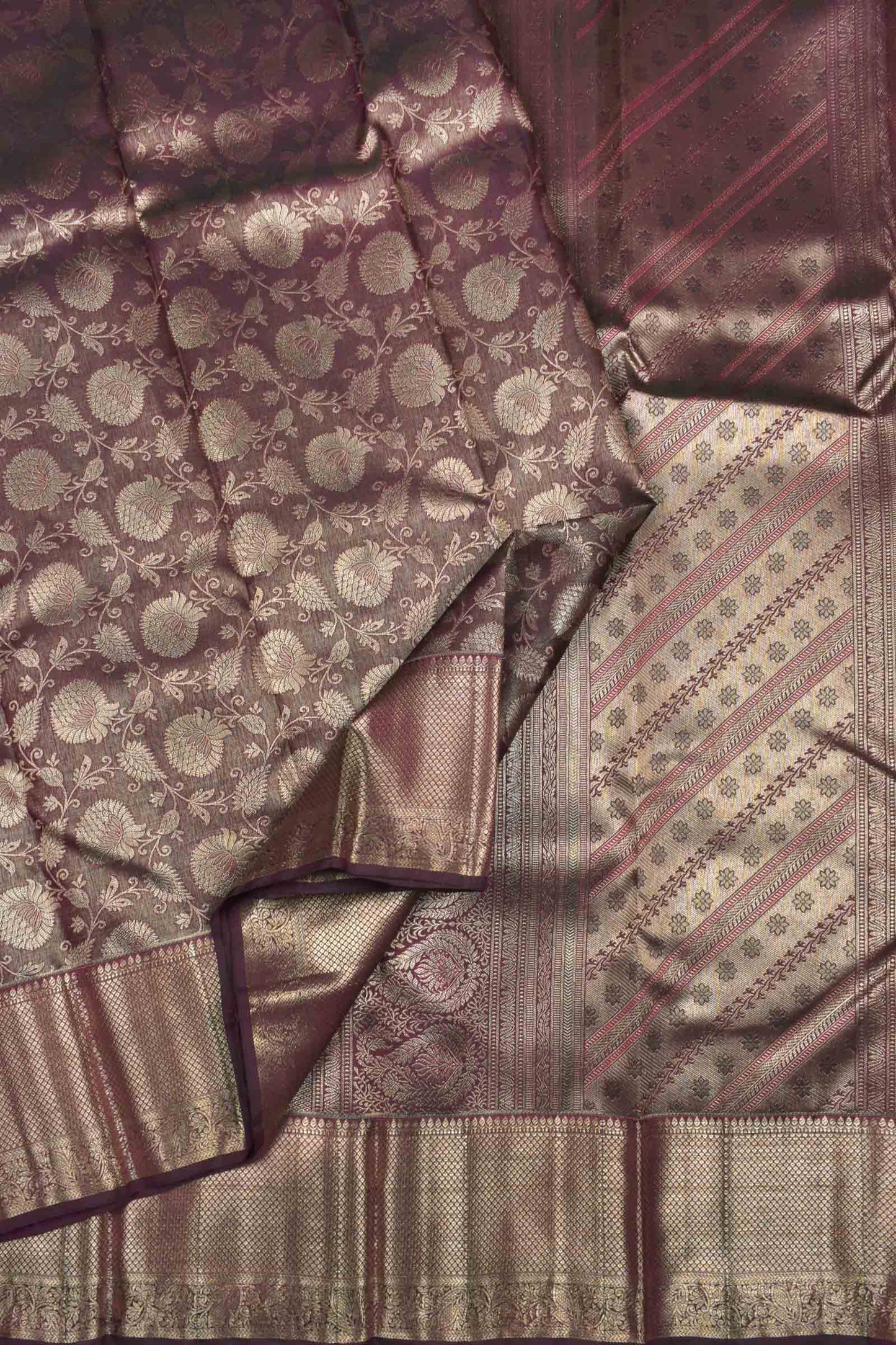 Golden Brown Kanchipuram Bridal Pure Silk Golden Florals Zari Border Saree NAA164