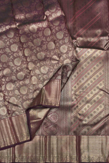 Golden Brown Kanchipuram Bridal Pure Silk Golden Florals Zari Border Saree NAA164
