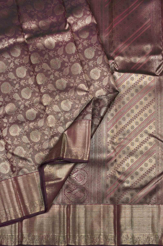 Golden Brown Kanchipuram Bridal Pure Silk Golden Florals Zari Border Saree NAA164