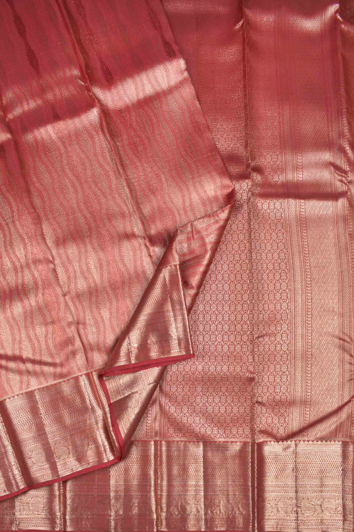 Golden Dark Pink Kanchipuram Bridal Pure Silk Fancy Vertical Waves  Zari Border Pallu Saree NAA166