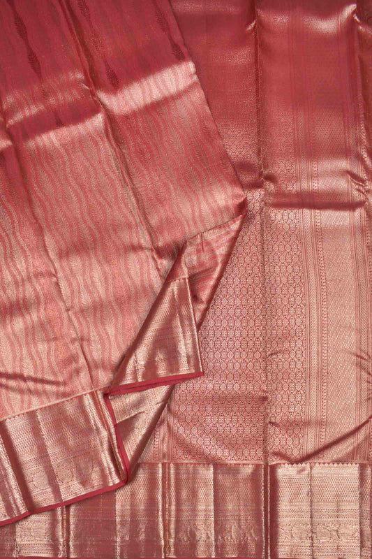 Golden Dark Pink Kanchipuram Bridal Pure Silk Fancy Vertical Waves  Zari Border Pallu Saree NAA166