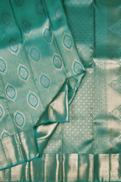 Golden Green Kanchipuram Bridal Pure Silk  Floral Eyes Zari Border Saree NAA158