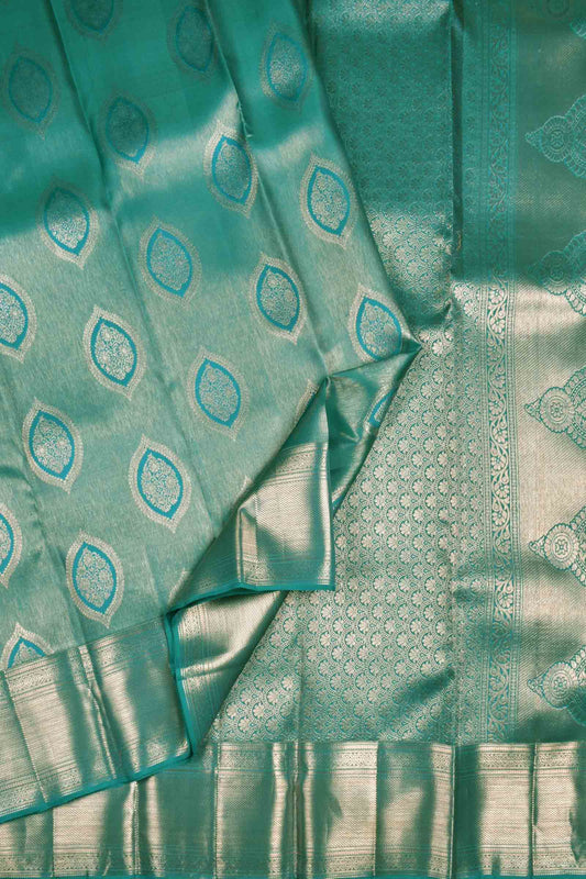 Golden Green Kanchipuram Bridal Pure Silk  Floral Eyes Zari Border Saree NAA158