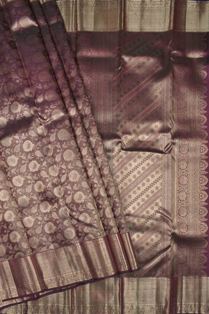 Golden Brown Kanchipuram Bridal Pure Silk Golden Florals Zari Border Saree NAA164
