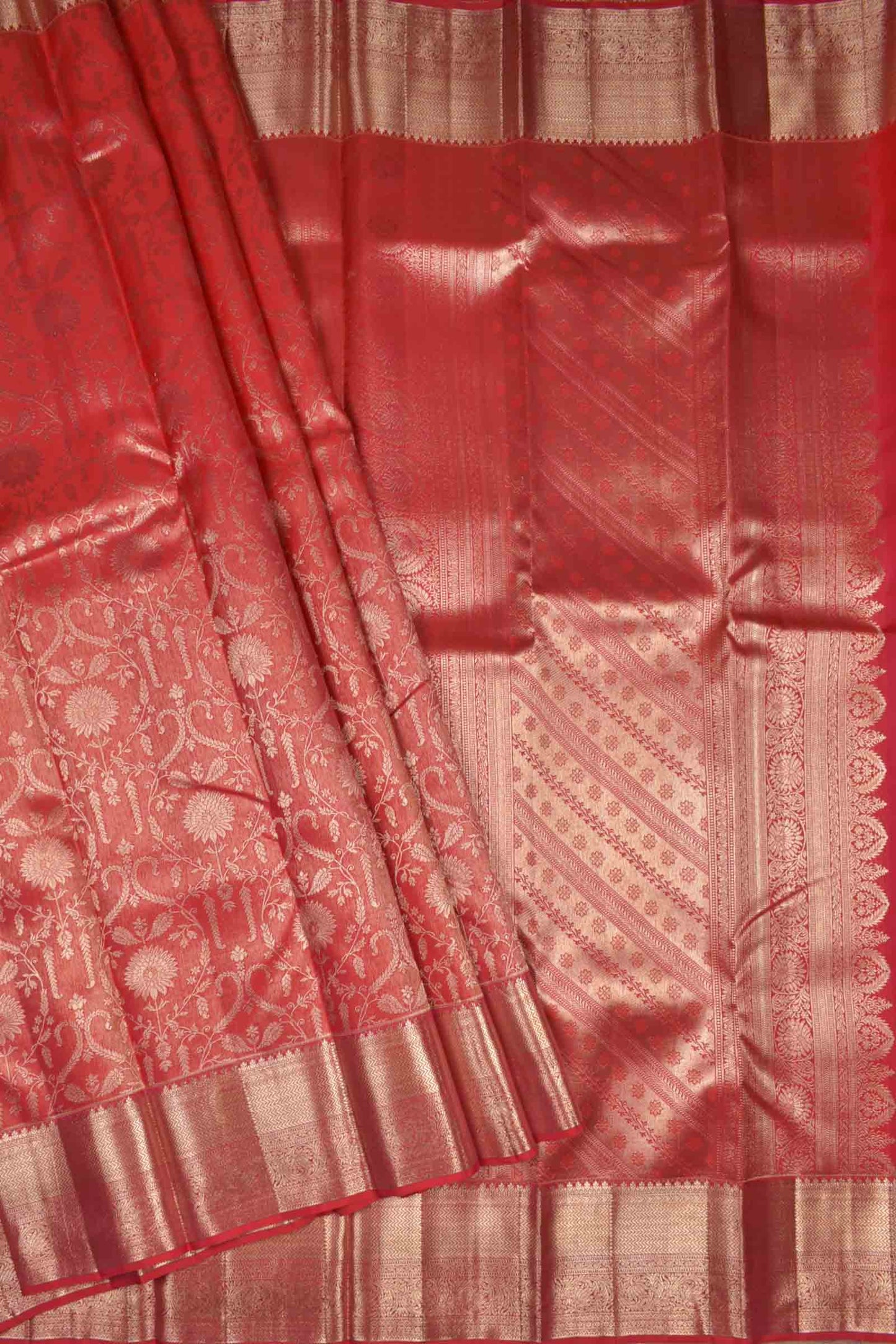 Red Kanchipuram Bridal Pure Silk Golden Florals Zari Border Saree NAA165