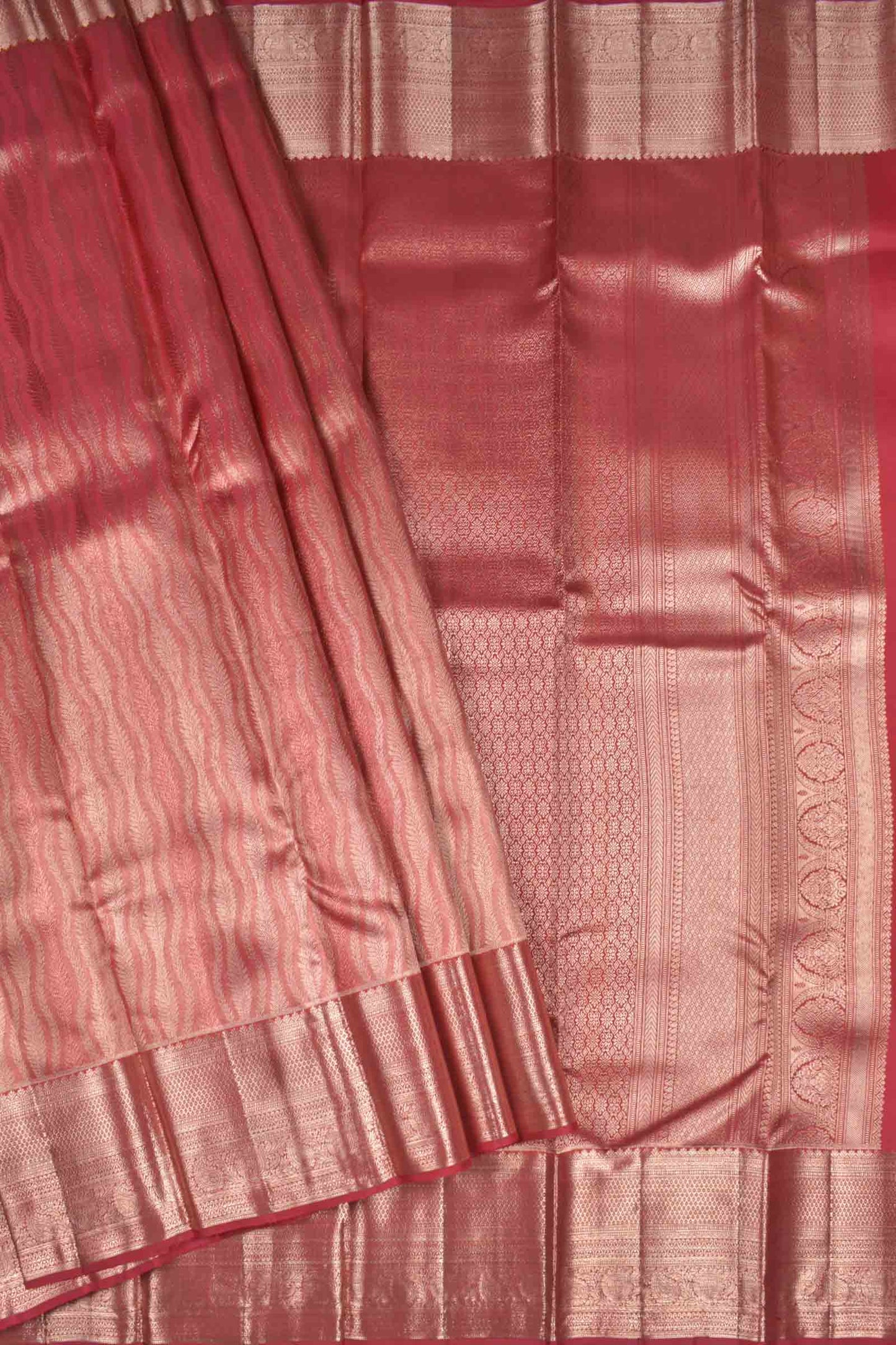 Golden Dark Pink Kanchipuram Bridal Pure Silk Fancy Vertical Waves  Zari Border Pallu Saree NAA166