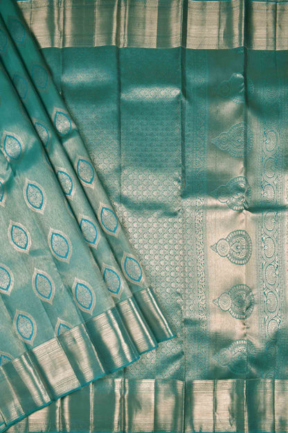 Golden Green Kanchipuram Bridal Pure Silk  Floral Eyes Zari Border Saree NAA158