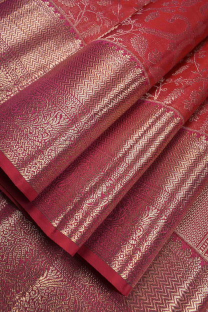 Red Kanchipuram Bridal Pure Silk Golden Florals Zari Border Saree NAA165