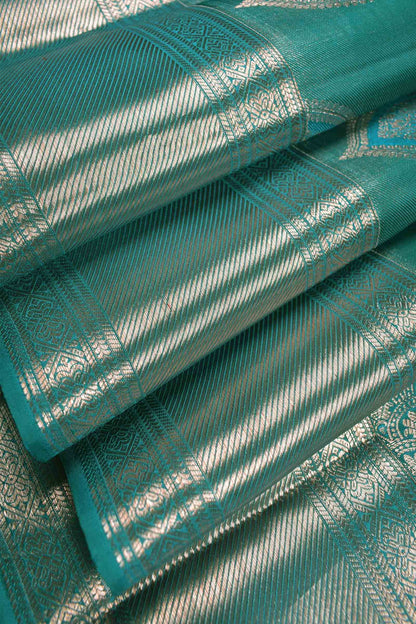 Golden Green Kanchipuram Bridal Pure Silk  Floral Eyes Zari Border Saree NAA158