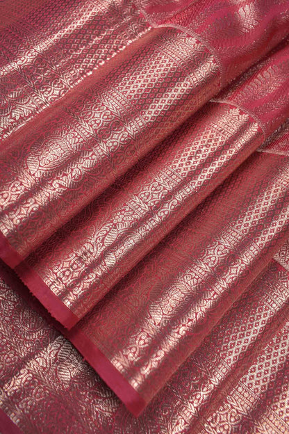 Golden Dark Pink Kanchipuram Bridal Pure Silk Fancy Vertical Waves  Zari Border Pallu Saree NAA166