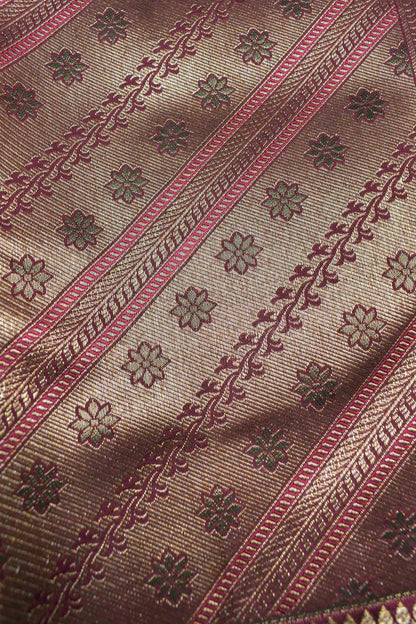 Golden Brown Kanchipuram Bridal Pure Silk Golden Florals Zari Border Saree NAA164