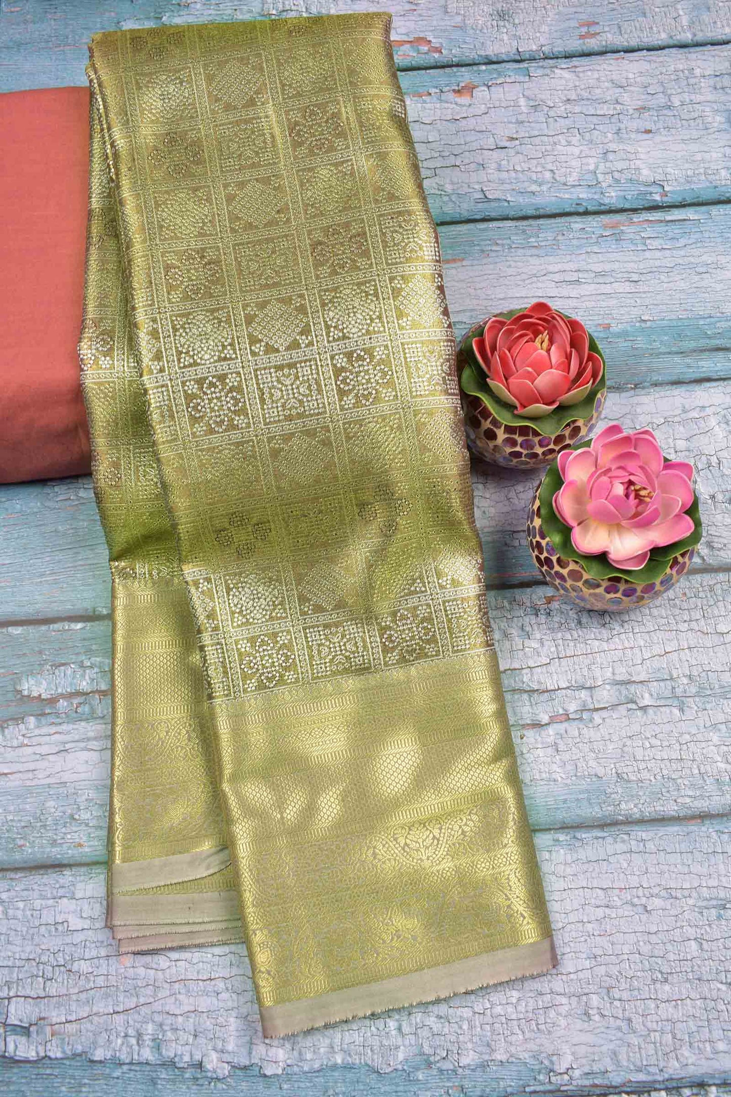 Golden Allow Green Semi Silk Tissue Floral Checks Kolam Print Green Zari Pallu Saree
