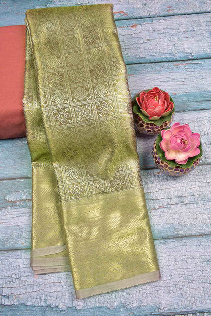 Golden Allow Green Semi Silk Tissue Floral Checks Kolam Print Green Zari Pallu Saree