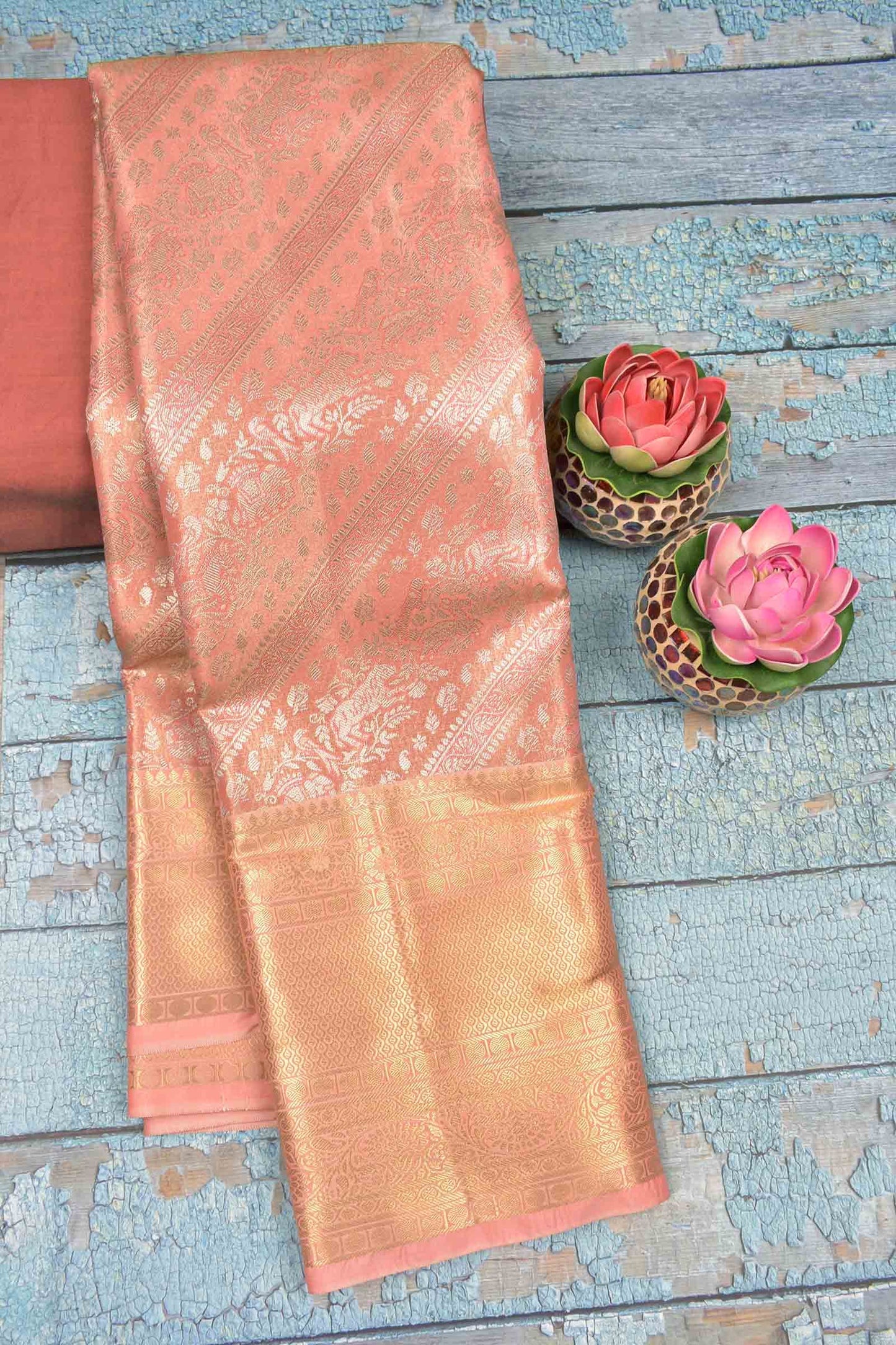 Golden Light Pink Semi Silk Tissue Fancy Animals Print Saree