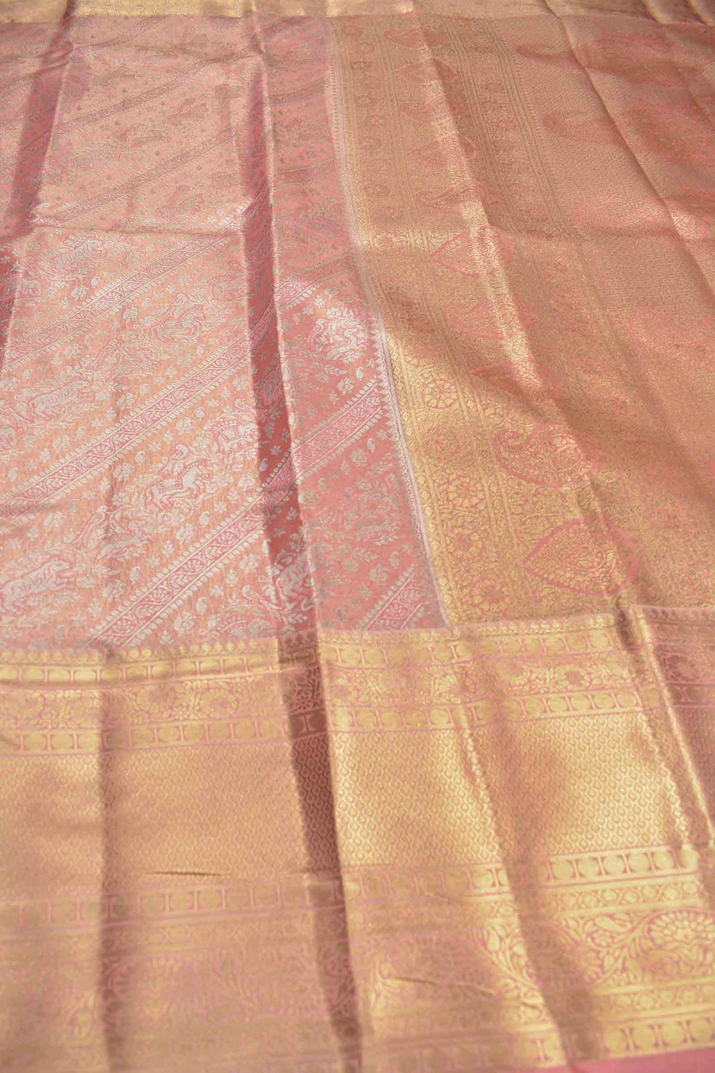 Golden Light Pink Semi Silk Tissue Fancy Animals Print Saree