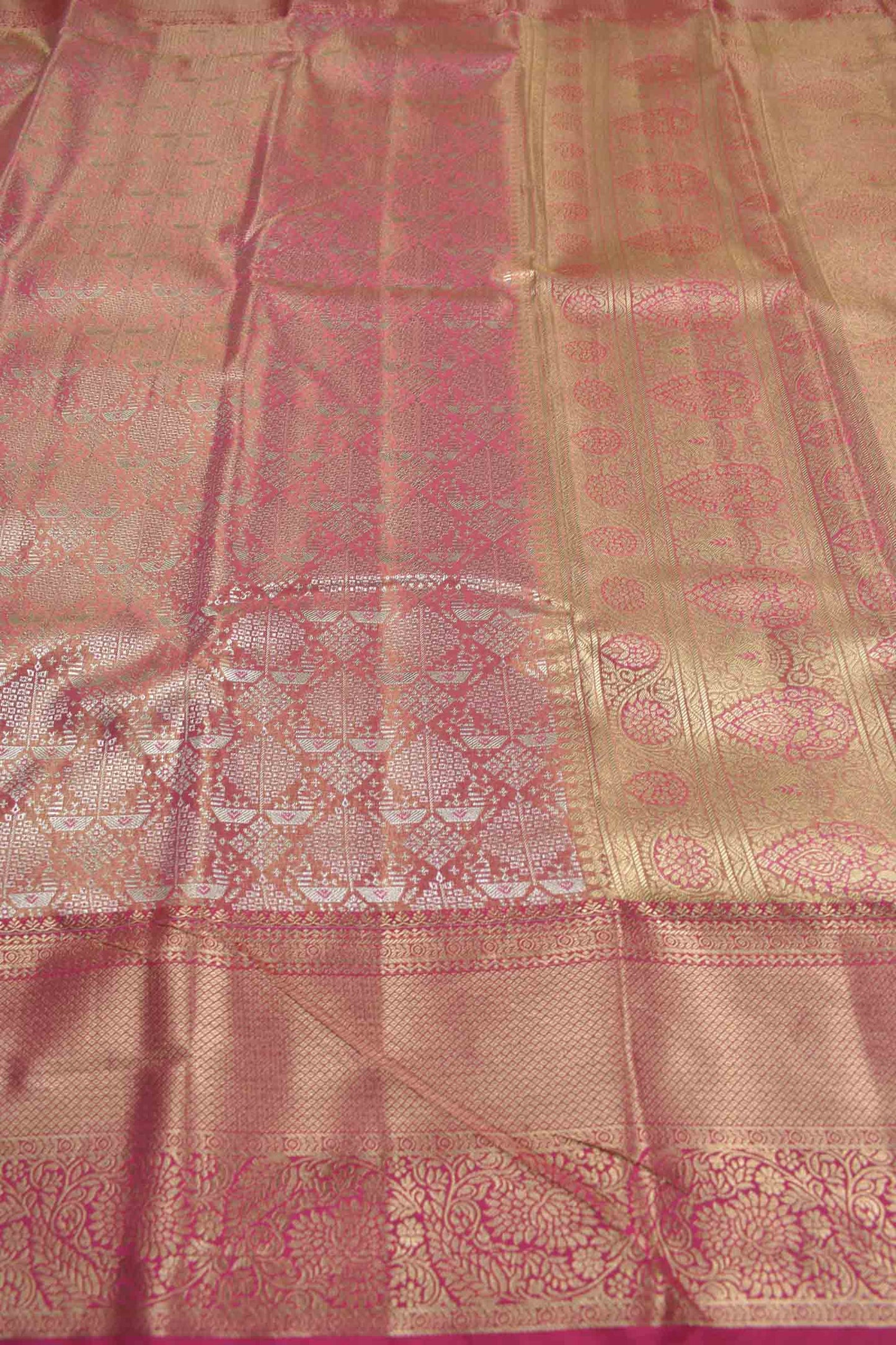 Golden Pink Semi Silk Tissue Fancy Print Pink Zari Border Pallu Saree