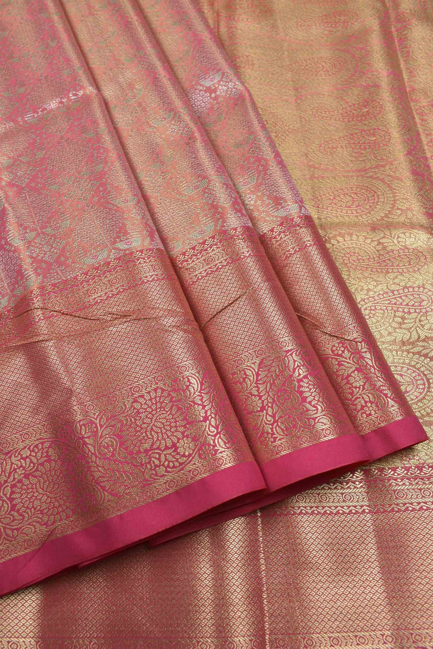 Golden Pink Semi Silk Tissue Fancy Print Pink Zari Border Pallu Saree