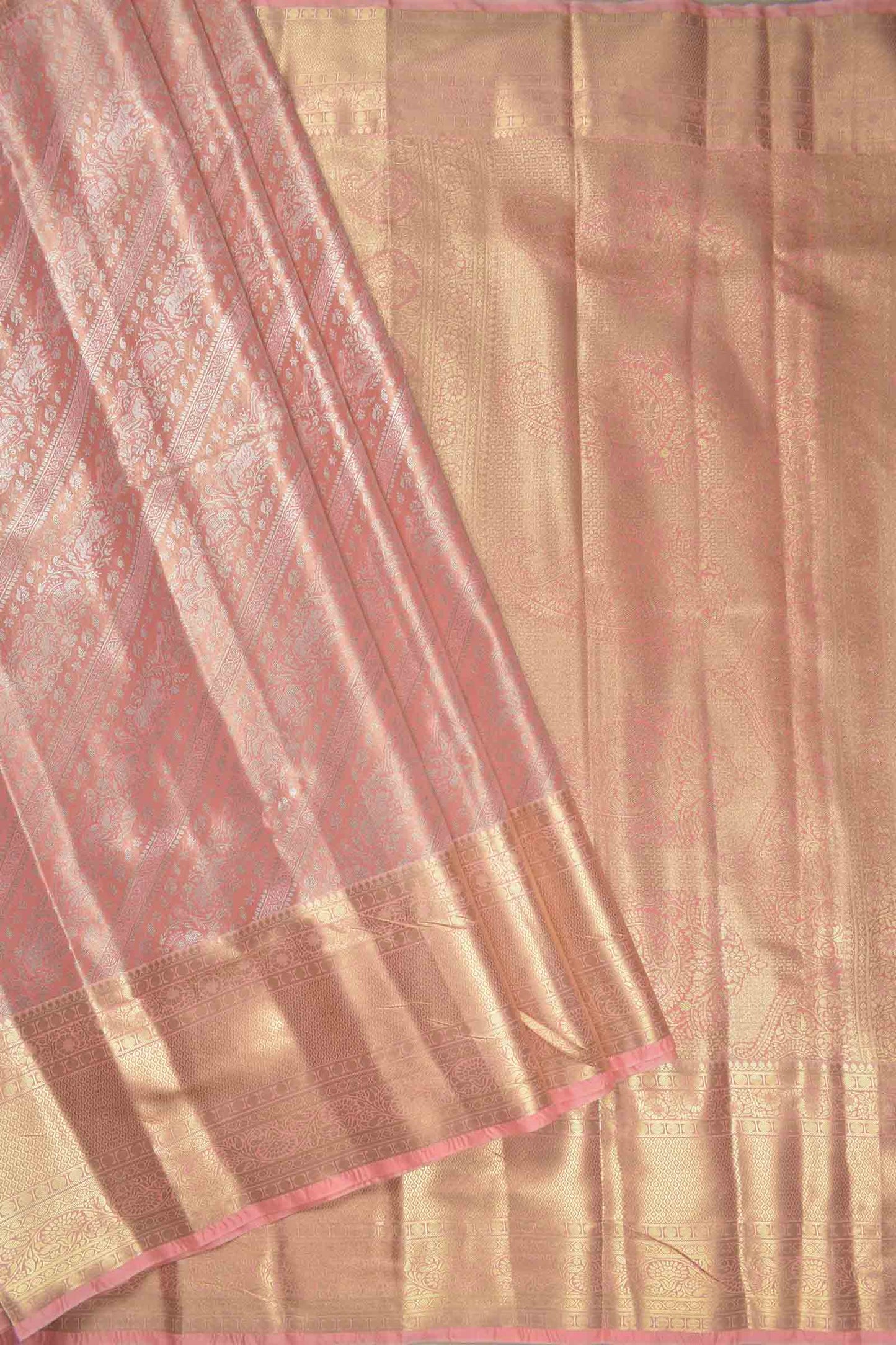 Golden Light Pink Semi Silk Tissue Fancy Animals Print Saree
