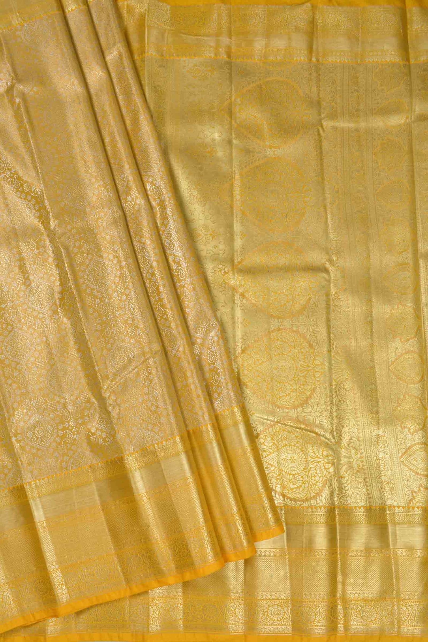Golden Yellow Semi Silk Tissue Fancy Print Saree