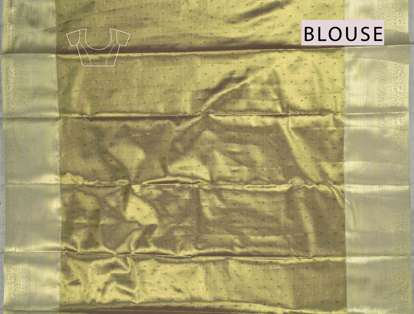 Golden Allow Green Semi Silk Tissue Floral Checks Kolam Print Green Zari Pallu Saree