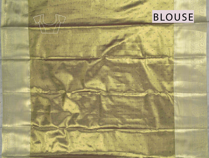 Golden Allow Green Semi Silk Tissue Floral Checks Kolam Print Green Zari Pallu Saree