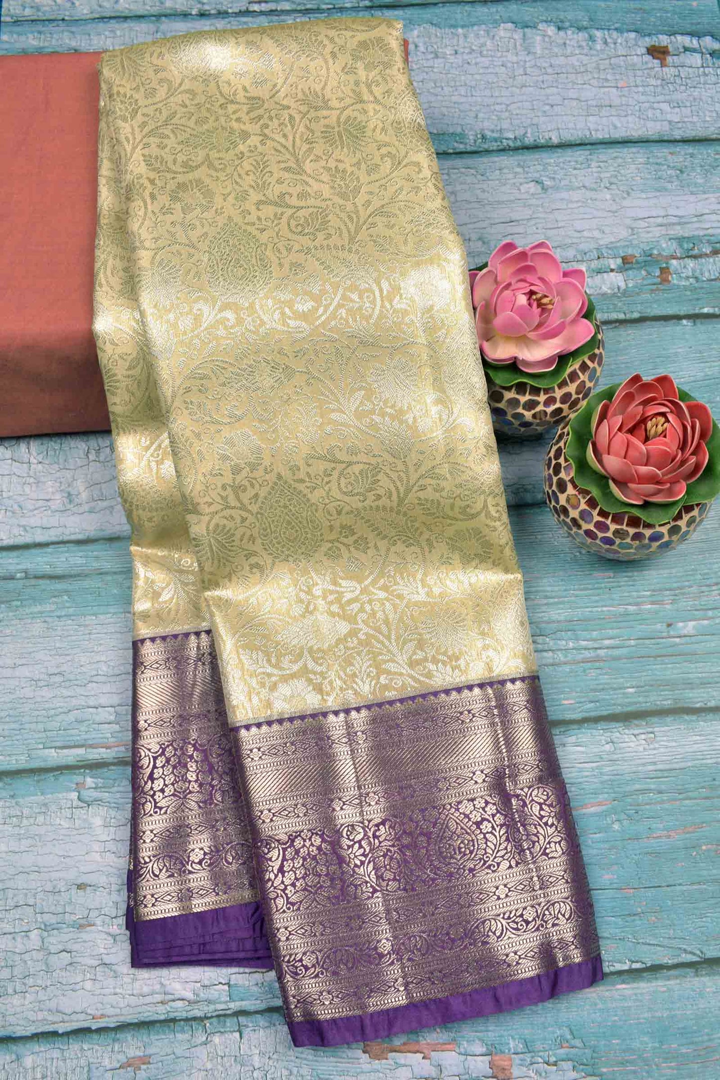 Golden Sandal Semi Tissue Silk Silver Zari Florals Print Voilet Zari Border Saree