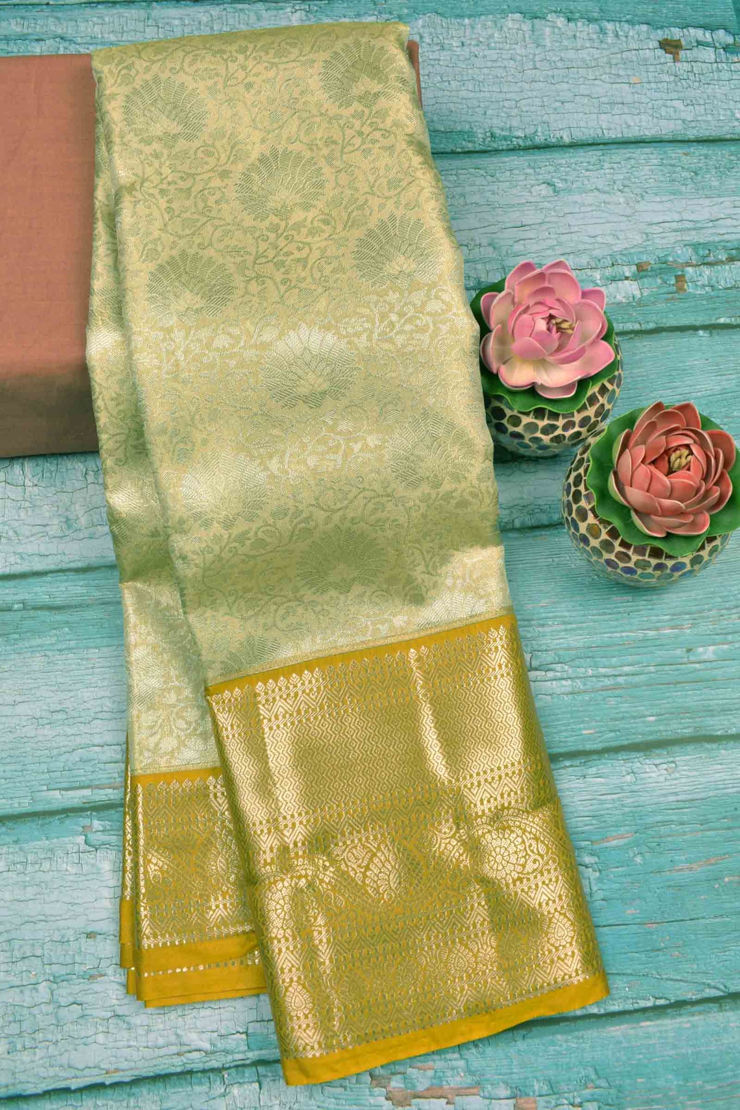 Golden Sandal Semi Tissue Silk Silver Zari Florals Print Yellow Zari Border Saree