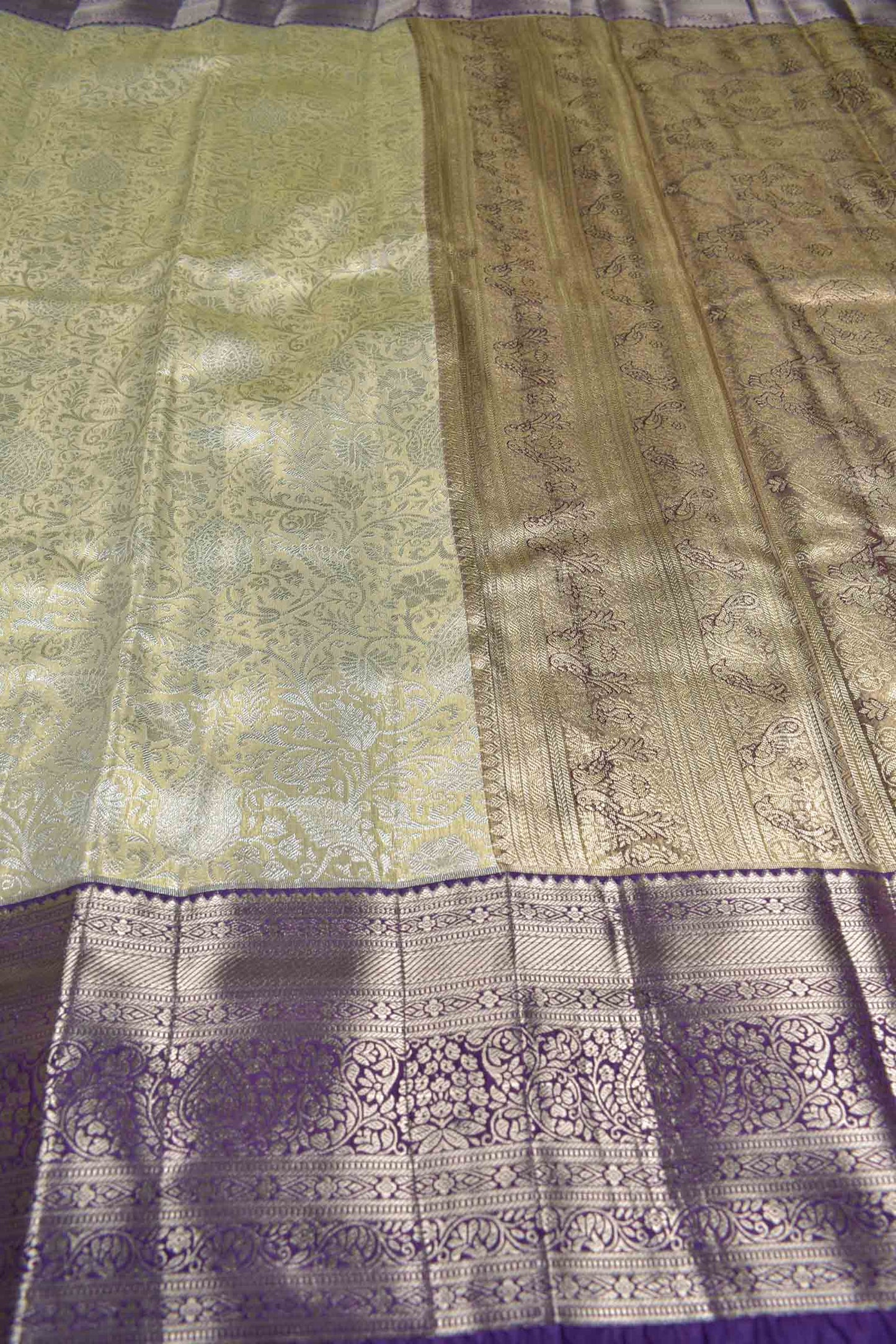 Golden Sandal Semi Tissue Silk Silver Zari Florals Print Voilet Zari Border Saree
