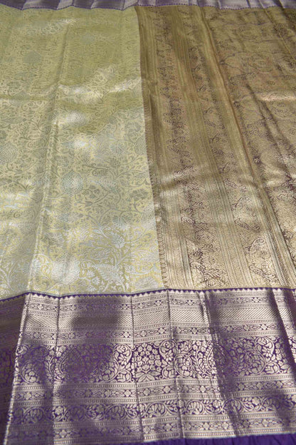 Golden Sandal Semi Tissue Silk Silver Zari Florals Print Voilet Zari Border Saree