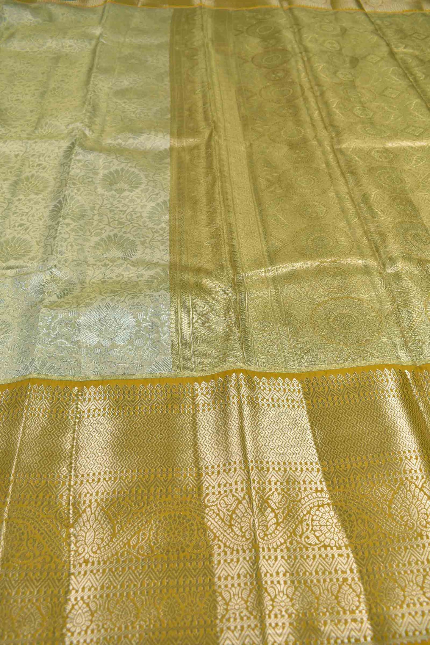 Golden Sandal Semi Tissue Silk Silver Zari Florals Print Yellow Zari Border Saree