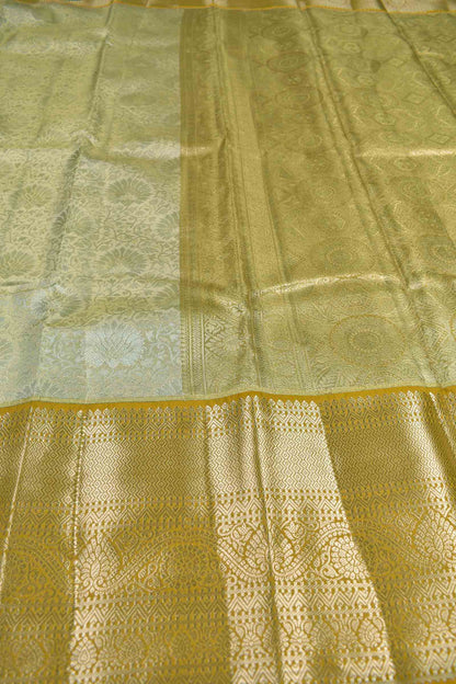 Golden Sandal Semi Tissue Silk Silver Zari Florals Print Yellow Zari Border Saree