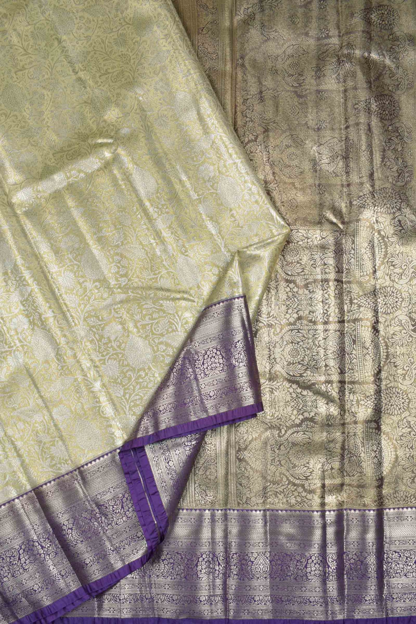 Golden Sandal Semi Tissue Silk Silver Zari Florals Print Voilet Zari Border Saree
