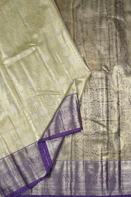 Golden Sandal Semi Tissue Silk Silver Zari Florals Print Voilet Zari Border Saree