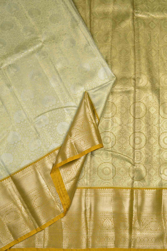 Golden Sandal Semi Tissue Silk Silver Zari Florals Print Yellow Zari Border Saree