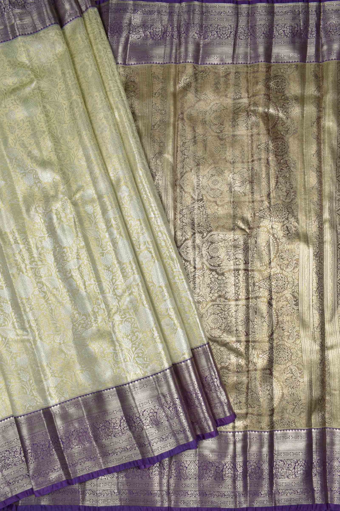 Golden Sandal Semi Tissue Silk Silver Zari Florals Print Voilet Zari Border Saree