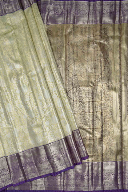 Golden Sandal Semi Tissue Silk Silver Zari Florals Print Voilet Zari Border Saree