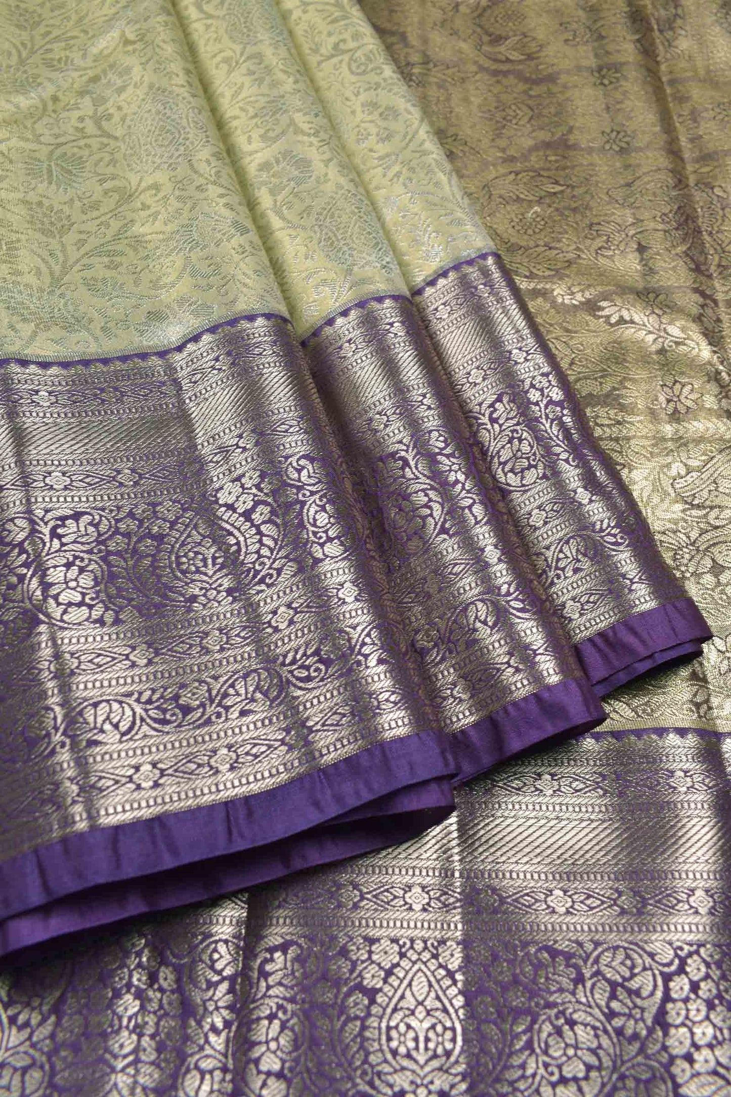Golden Sandal Semi Tissue Silk Silver Zari Florals Print Voilet Zari Border Saree