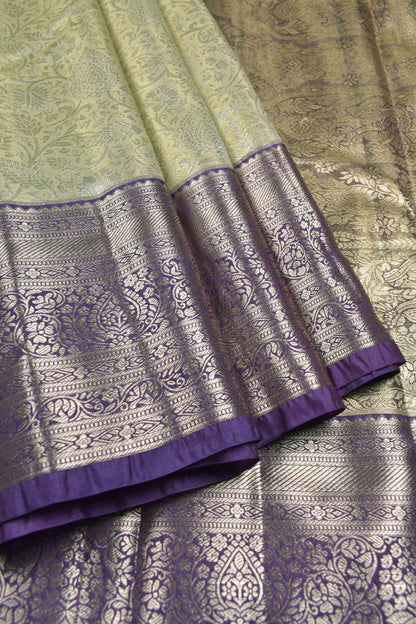Golden Sandal Semi Tissue Silk Silver Zari Florals Print Voilet Zari Border Saree