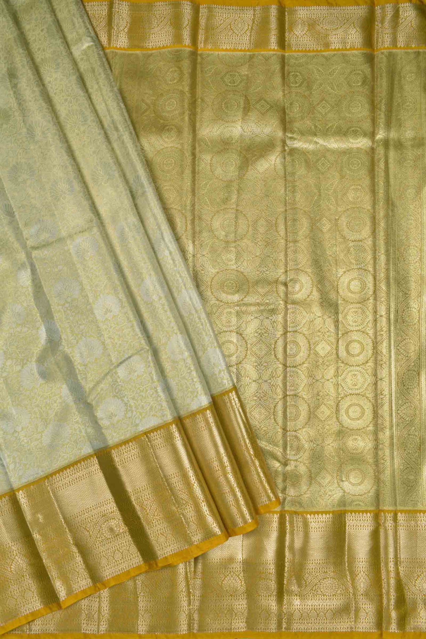 Golden Sandal Semi Tissue Silk Silver Zari Florals Print Yellow Zari Border Saree