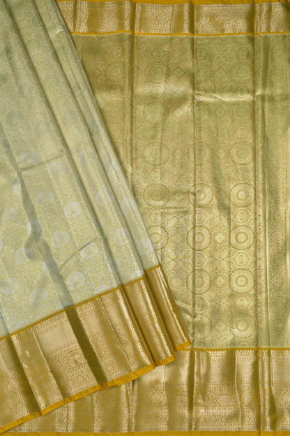 Golden Sandal Semi Tissue Silk Silver Zari Florals Print Yellow Zari Border Saree