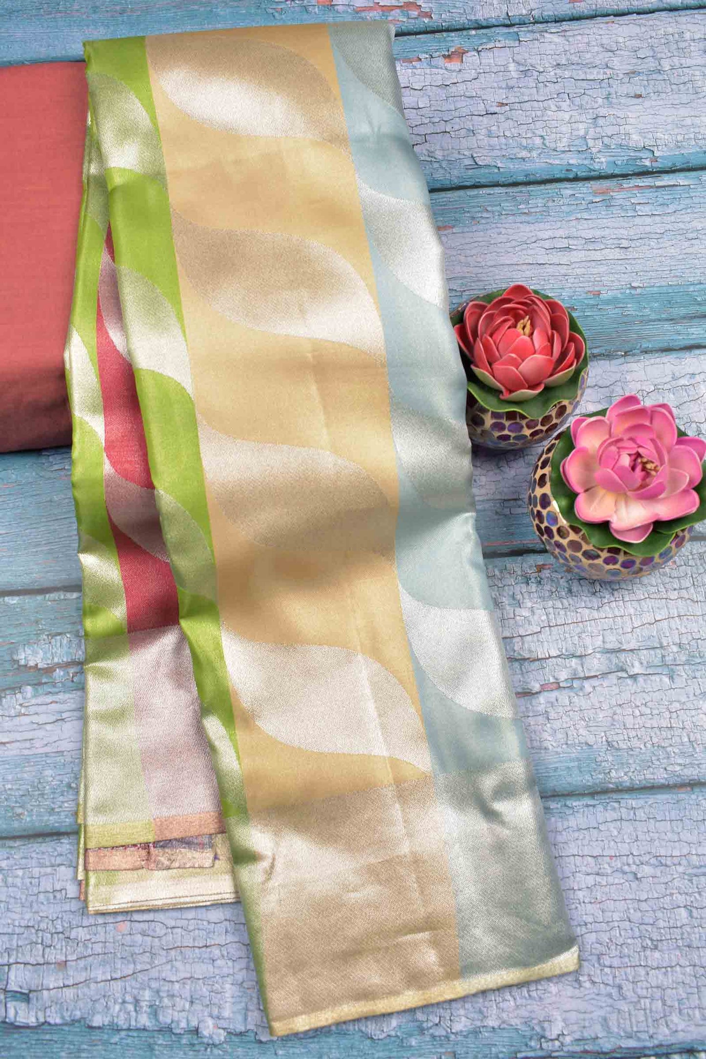 Multi Colour Semi Silk Tissue Fancy Leaves Print Pink Zari Pallu Saree