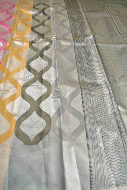 Multi Colour Semi Silk Tissue Fancy Print Silver Zari Pallu Saree